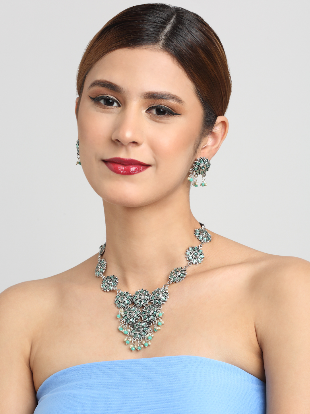 YouBella Jewellery Oxidised Silver Necklace Jewellery Set with Earrings for Girls and Women (Blue) (YBNK_50525)